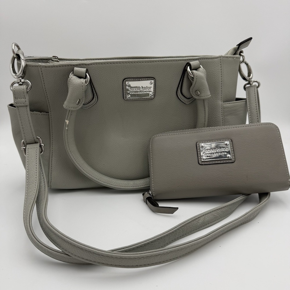 Jenna Kator Gray Satchel Double Handles Cross Body Wallet Footed Vegan Leather